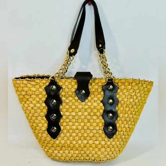 Michael Kors Santorini Raffia Woven Handbag Tote, Brown Leather/Gold Chain Strap - Picture 4 of 15